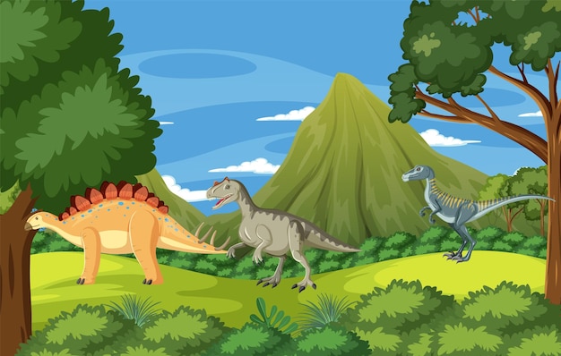 Gratis vector prehistorisch bos met dinosaurus cartoon