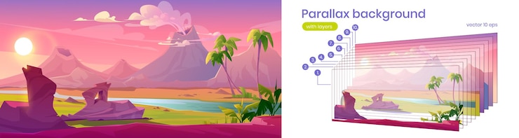 Gratis Vector prehistorisch landschap met vulkaanuitbarsting, rivier en palmbomen. vector parallax achtergrond voor 2d-animatie met cartoon afbeelding van jurassic natuur scène met bergen met rokende krater