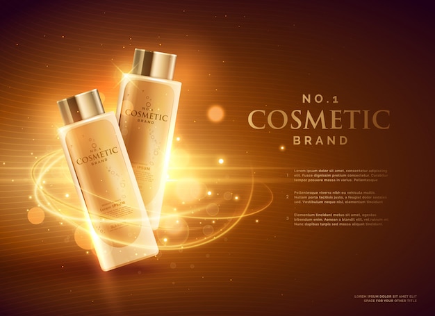 Premium cosmeticamerk reclame conceptontwerp met glitters en bokeh gouden achtergrond