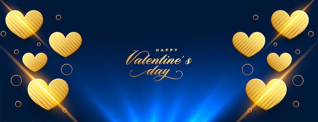 Premium gouden valentijnsdagbanner met blauw lichteffect