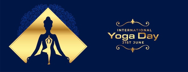 Premium internationale yogadag feestbanner met gouden touch