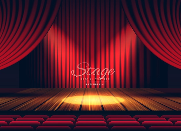 Premium rode gordijnen stage theater of opera achtergrond met spotlight
