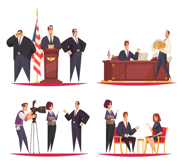 Gratis Vector president aan het werk concept 4 platte cartoon composities met podium toespraak bewakers interview in office vectorillustratie