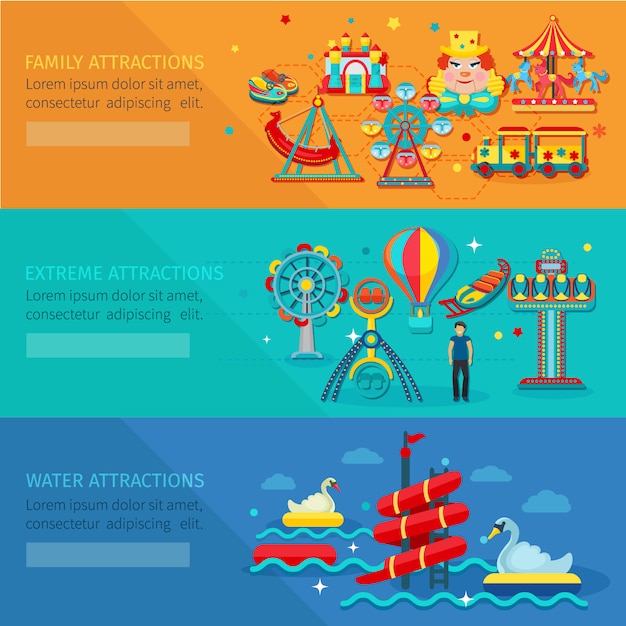 Gratis vector pretpark horizontale die banner met de extreme aantrekkelijkheden van de waterfamilie wordt geplaatst