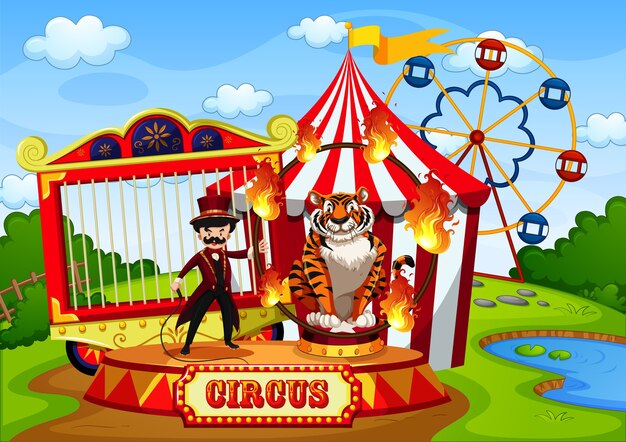 Pretpark met circus in cartoon-stijlscène