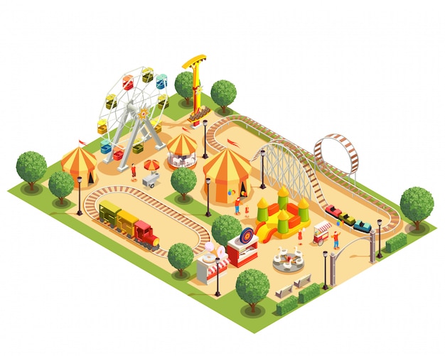 Gratis vector pretpark met de reuzenradtenten van achtbaancarrousels isometrische samenstelling op witte 3d