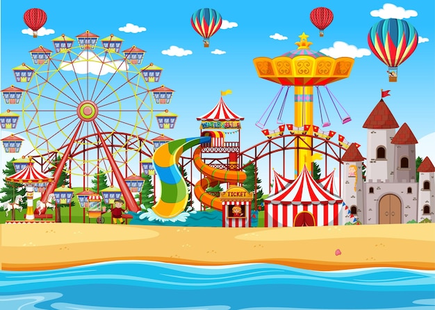 Gratis vector pretpark met scène aan het strand overdag met ballonnen in de lucht