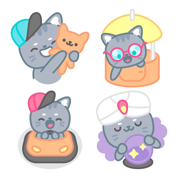 Gratis vector pretpark stickers collectie met tomomi de kat