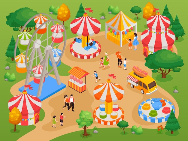 Gratis vector pretpark voor kinderen met attracties en leuke isometrische achtergrondillustratie