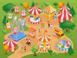 Gratis vector pretpark voor kinderen met attracties en leuke isometrische achtergrondillustratie