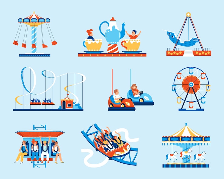 Gratis Vector pretparkattracties platte set met mensen die plezier hebben op achtbaan en carrousels geïsoleerd op kleur achtergrond vectorillustratie