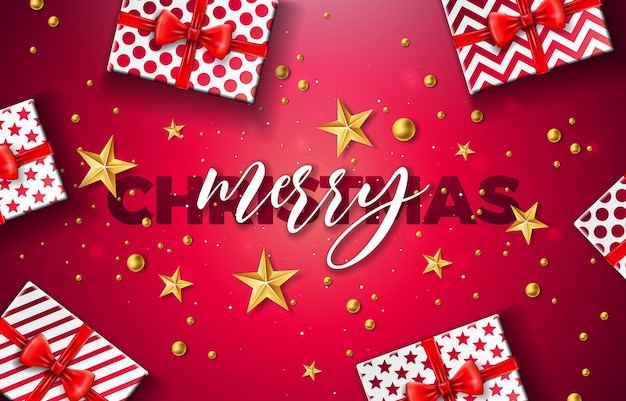 Prettige kerstdagen en gelukkig nieuwjaar illustratie met geschenkdoos gouden glazen bol ster en typografie