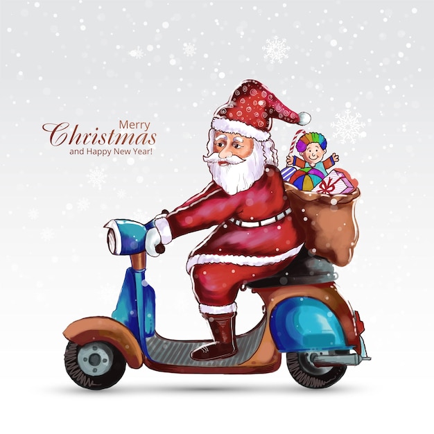 Prettige kerstdagen en gelukkig nieuwjaar met de kerstman bij het rijden op een scooterkaartachtergrond