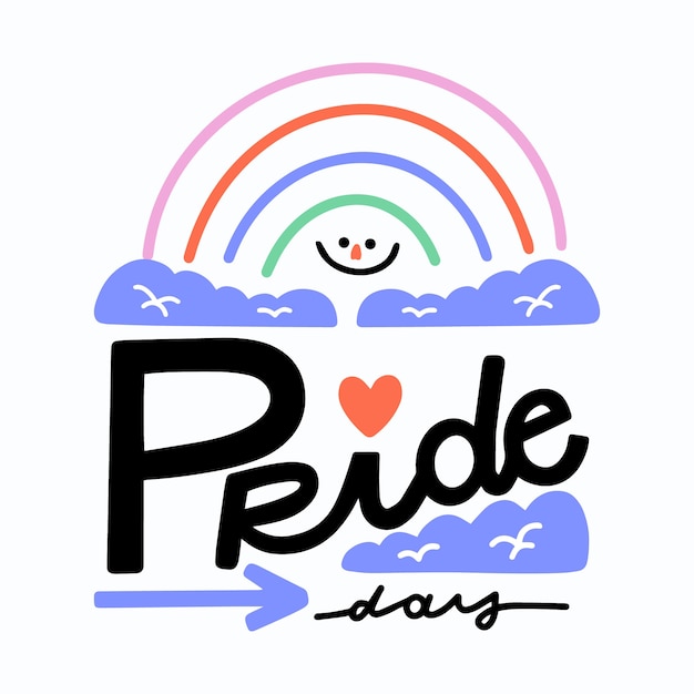 Gratis vector pride day belettering met hand getrokken regenboog achtergrond