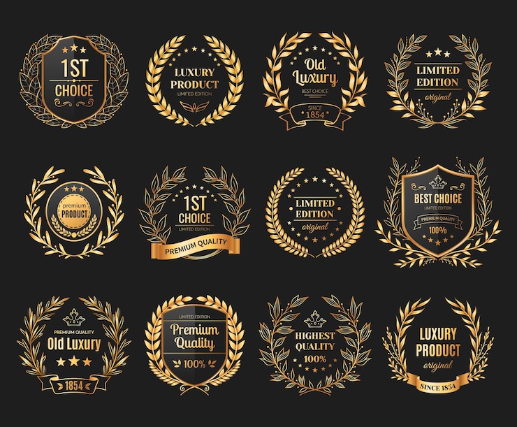 Gratis Vector prijs emblemen realistische set met laurier en krans op zwarte achtergrond geïsoleerd