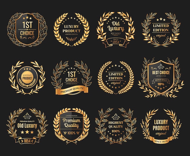 Prijs emblemen realistische set met laurier en krans op zwarte achtergrond geïsoleerd