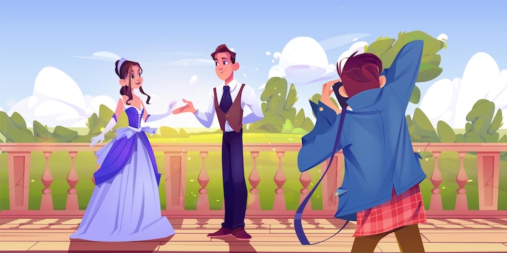Gratis Vector prins en prinses poseren voor fotograaf