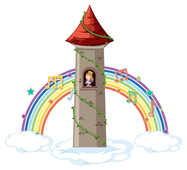 Prinses in toren met melodiesymbool op regenboog