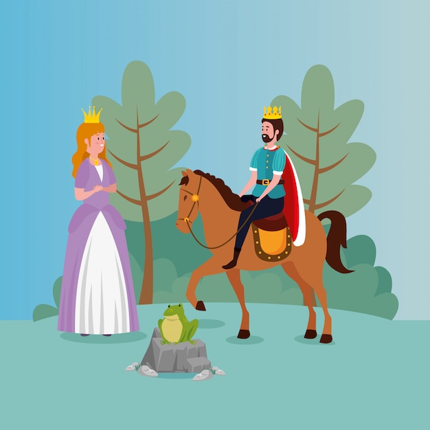 Gratis vector prinses met koning en pad in scène-sprookje