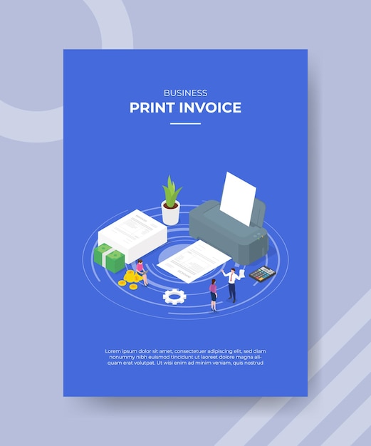 Print factuur concept mensen rond grote print machine papier calculator