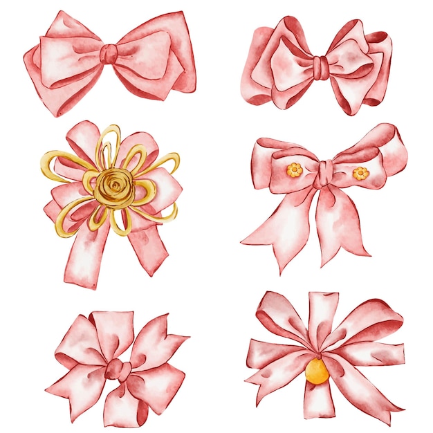 Gratis vector printribbons boog illustraties met de hand geschilderde waterverf stijlen waterverf ribbon boog collectie set