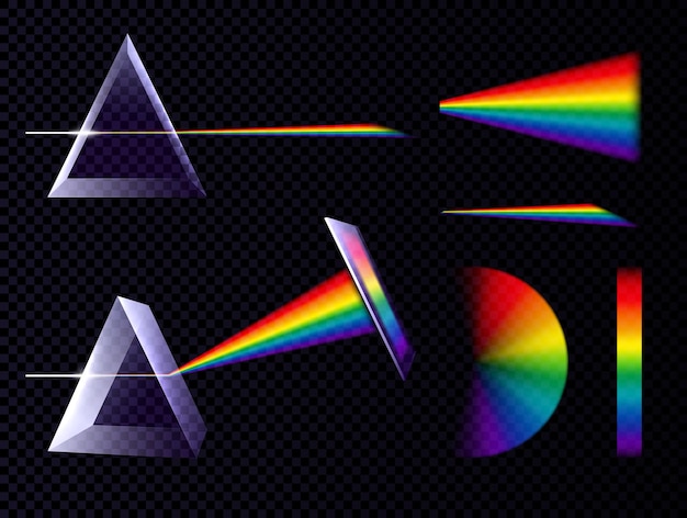 Gratis vector prisma licht spectrum regenboog ingesteld op transparante achtergrond met driehoek prisma's en paletten van verschillende vorm vectorillustratie