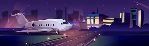 Privé passagiersvliegtuig of persoonlijk zakenjet op baan bij nacht, de bouw van de luchthaventerminal