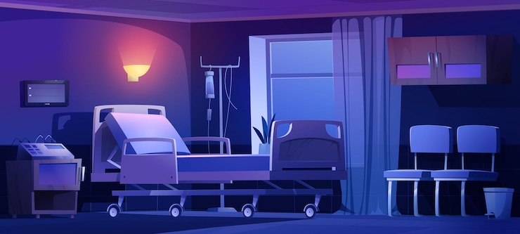 Gratis Vector privé ziekenhuiskamer met medisch bed 's nachts