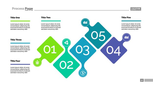 Procesgrafieksjabloon met vijf stappen project voor presentatie.