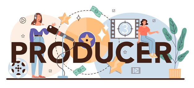 Producent typografische header Film- en muziekproductie entertainmentindustrie Kunstenaar die media maakt met een studioapparatuur Idee van creatief beroep Platte vectorillustratie