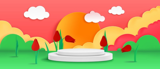 Gratis vector product podium in papier gesneden landschap met tulpen