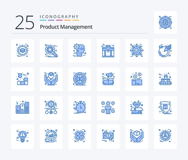 Productbeheer 25 blue color icon pack inclusief externe aktetas hersenzak productiviteit