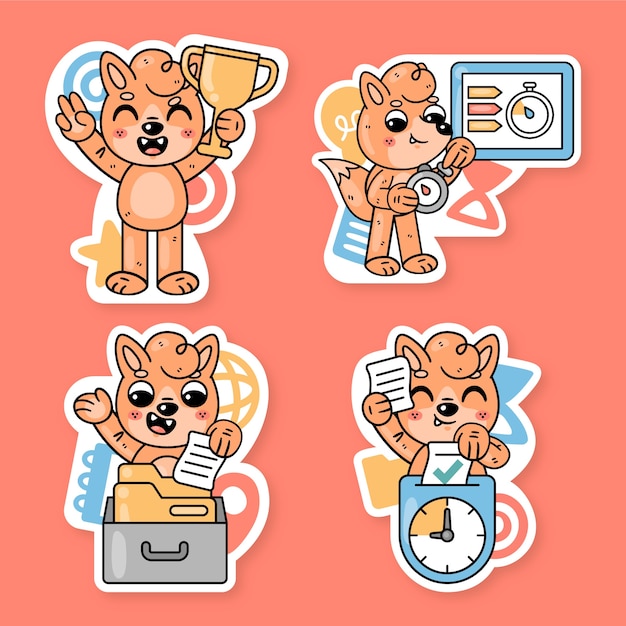 Gratis vector productiviteit sticker collectie met fred de vos