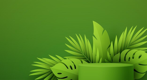 Productpodium met groenboek gesneden tropische monstera en palmblad op groene achtergrond. Moderne mockup-sjabloon voor reclame. Vector illustratie eps10