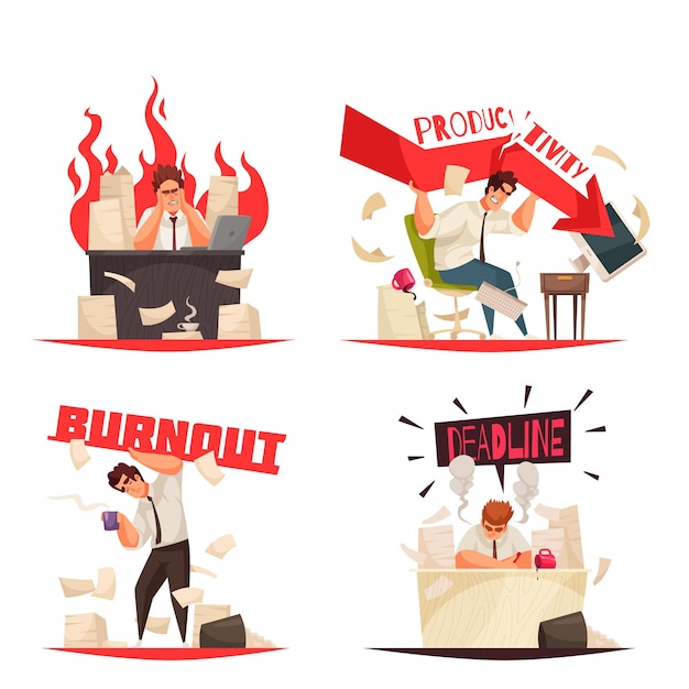 Gratis vector professionele burn-out set met werksymbolen platte geïsoleerde illustratie