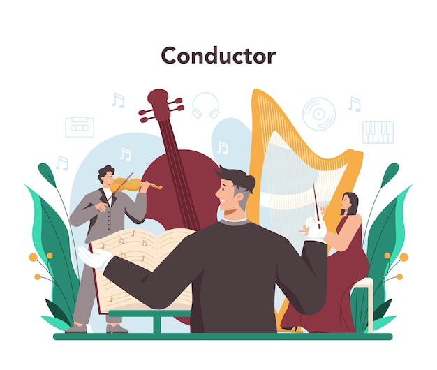 Gratis vector professionele dirigent met muzikanten die muziekinstrumenten bespelen jonge artiest die muziek speelt getalenteerde muzikantenprestaties vectorillustratie