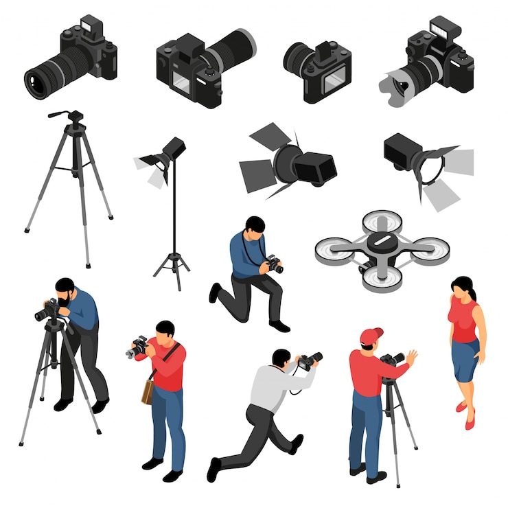 Gratis Vector professionele isometrische de pictogrammeninzameling van de fotograafapparatuur met de foto van het studioportret schiet camera lichte hommel geïsoleerde vectorillustratie