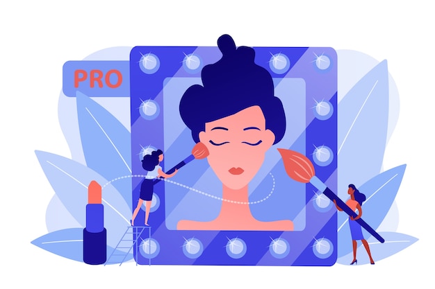 Gratis vector professionele make-upartiesten make-up met borstel toe te passen op het gezicht van de vrouw in spiegel. professionele make-up, professioneel kunstenaarschap, werkconcept voor visagisten. roze koraal bluevector geïsoleerde illustratie