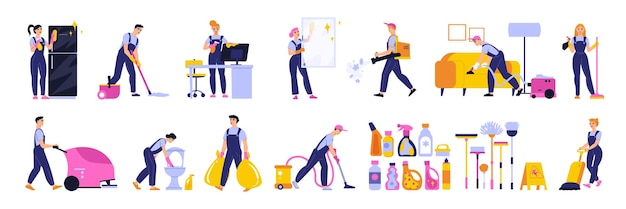 Gratis vector professionele schoonmaak service flat set met werknemers in uniform dweilen vloer stofzuigen wassen raam toilet nemen vuilnis geïsoleerd vectorillustratie