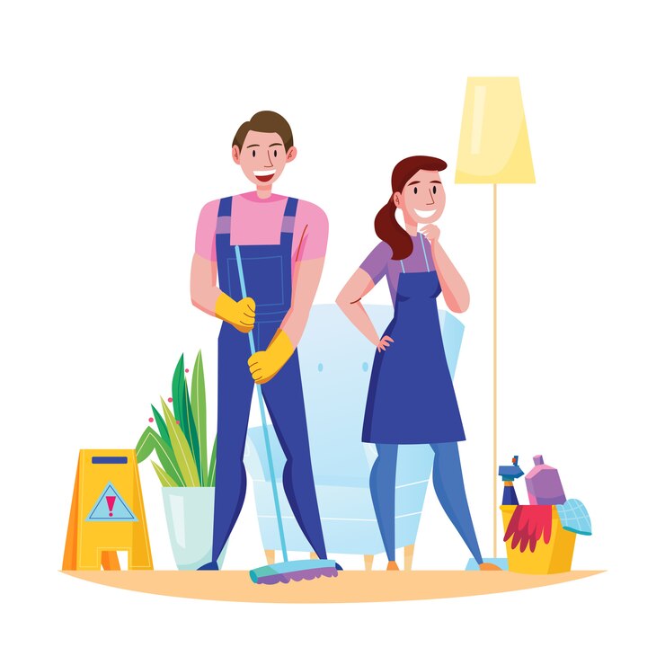 Gratis Vector professionele schoonmaak service team plichten accessoires platte samenstelling met man vrouw in uniforme vegen vloer illustratie