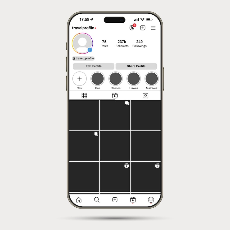 Gratis Vector profile front view iphone 15 pro max natuurlijke titanium mockup met instagram sjabloon scherm vector