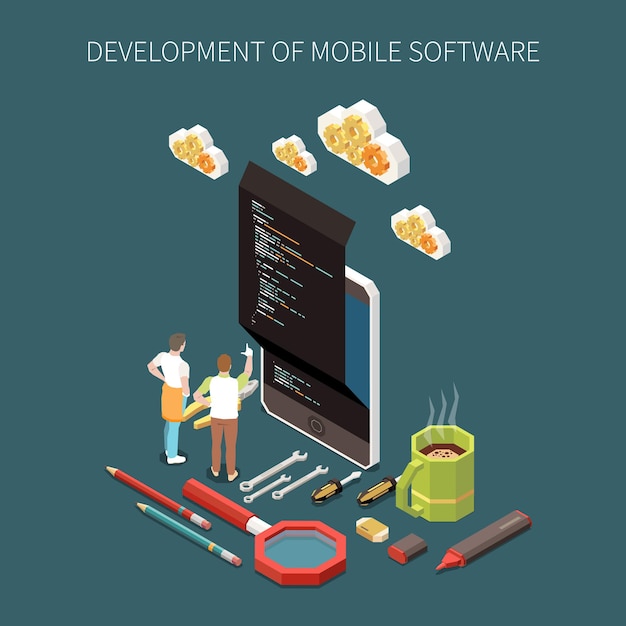 Programmering ontwikkelingsconcept met mobiele software symbolen isometrisch