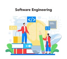 Programmeur concept idee van codering testen en schrijven programma met behulp van internet en verschillende software website ontwikkeling en optimalisatie geïsoleerde vectorillustratie