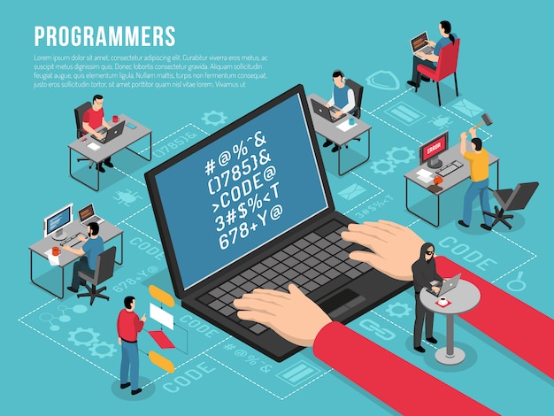 Gratis vector programmeurs werken isometrische sjabloon