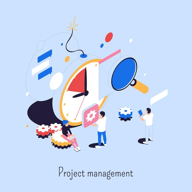 Project management abstract concept bestaande uit vergrootglas klok versnellingen mensen communicatie isometrische pictogrammen vectorillustratie