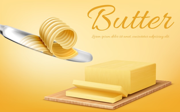 Gratis vector promotiebanner met realistische gele stok van boter op scherpe raad en metaalmes.