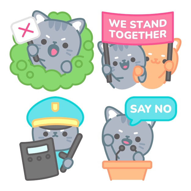 Gratis vector protest sticker collectie met tomomi de kat