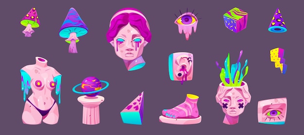 Gratis vector psychedelische stickers met antieke griekse sculptuur