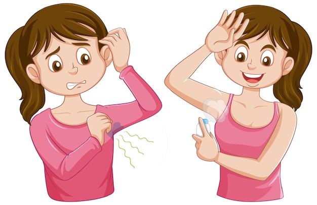 Gratis vector puberteitsmeisje dat deodorantnevelvector gebruikt