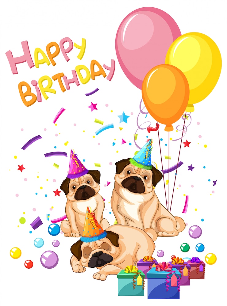 Gratis Vector pug op verjaardagssjabloon